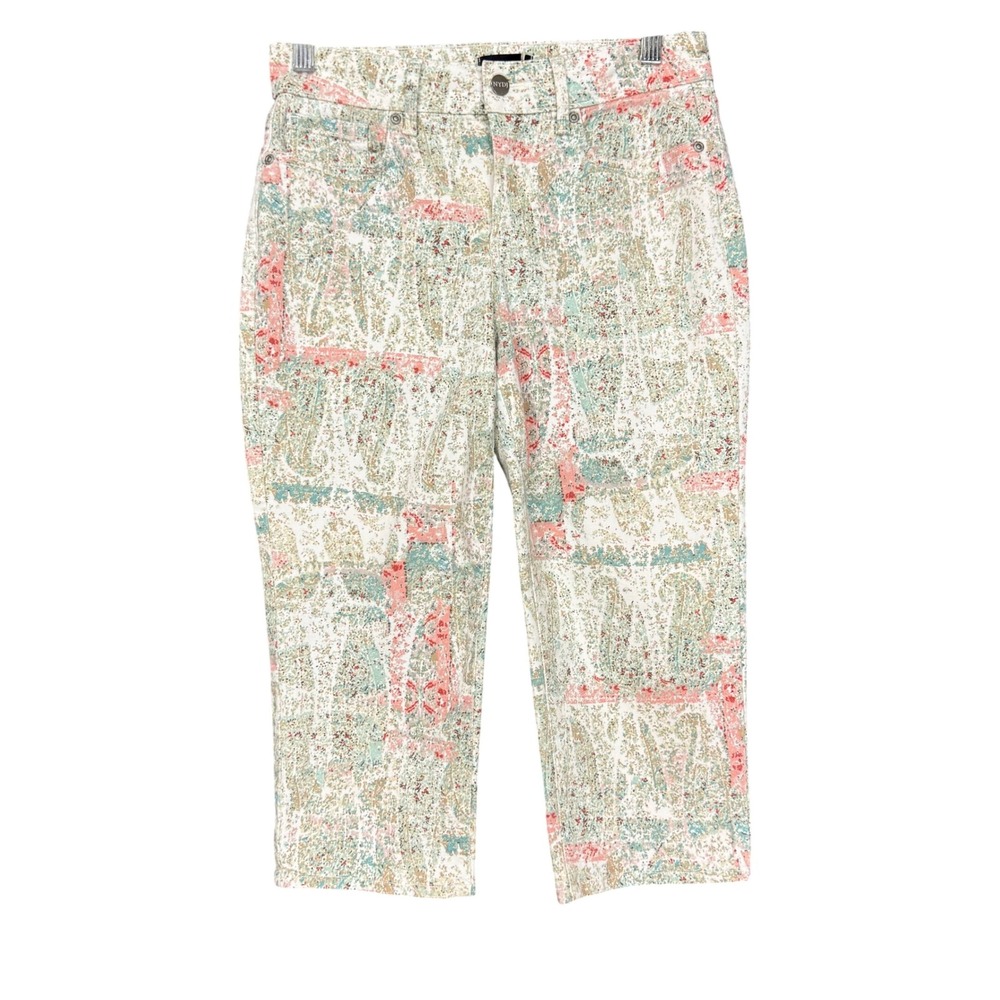NYDJ Marilyn Straight Crop Jeans Womens 4P White‎ Pink Teal Tan Paisley Print